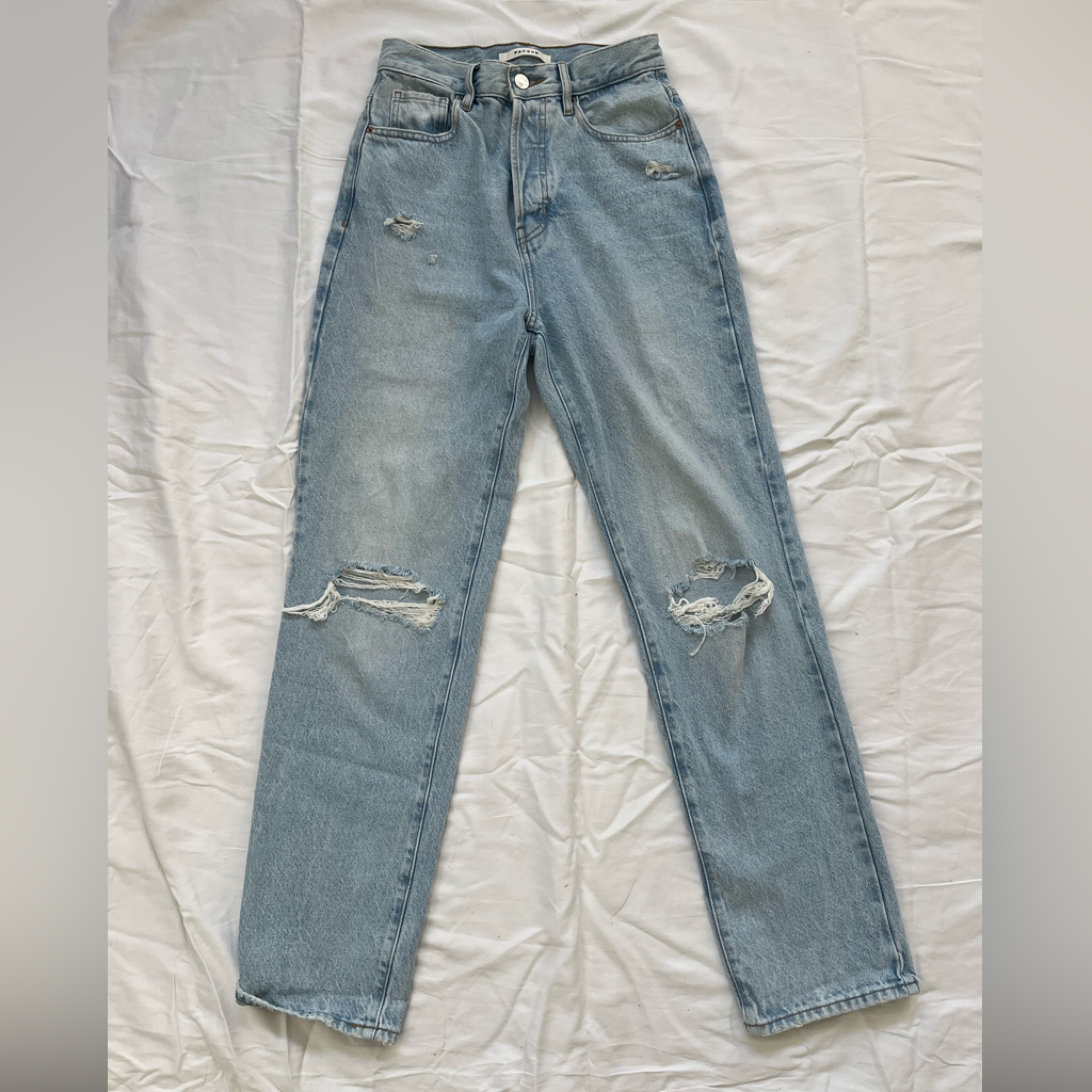 Pacsun Highwaste Straight Leg Button Fly Distressed Light Wash Denim
